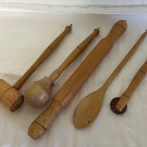 Unbranded Wooden Kitchen Utensil Set Brown Good Vintage Primitive 5pc Farmhouse